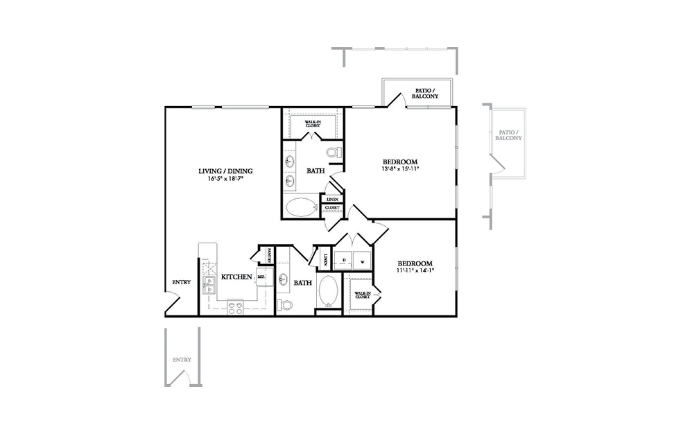 The Mercer - 2-bedroom floorplan layout with 2 baths ans 1240 square feet